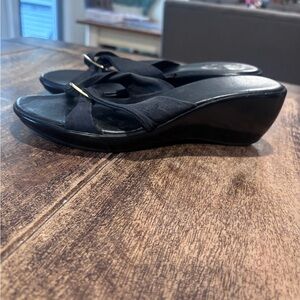 Elegant Black Wedge Sandals With Silver Rectangle Crossover Design